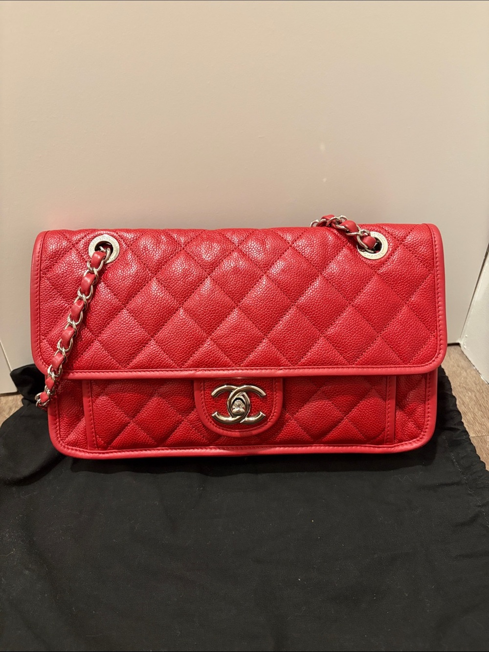 Chanel Quilted French Red Riviera Flap Caviar Leather Silver Hardware